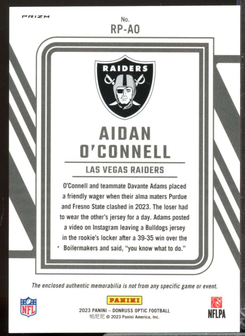 Aidan O'Connell Card 2023 Donruss Optic Rookie Phenoms Jerseys Blue Hyper #1  Image 2