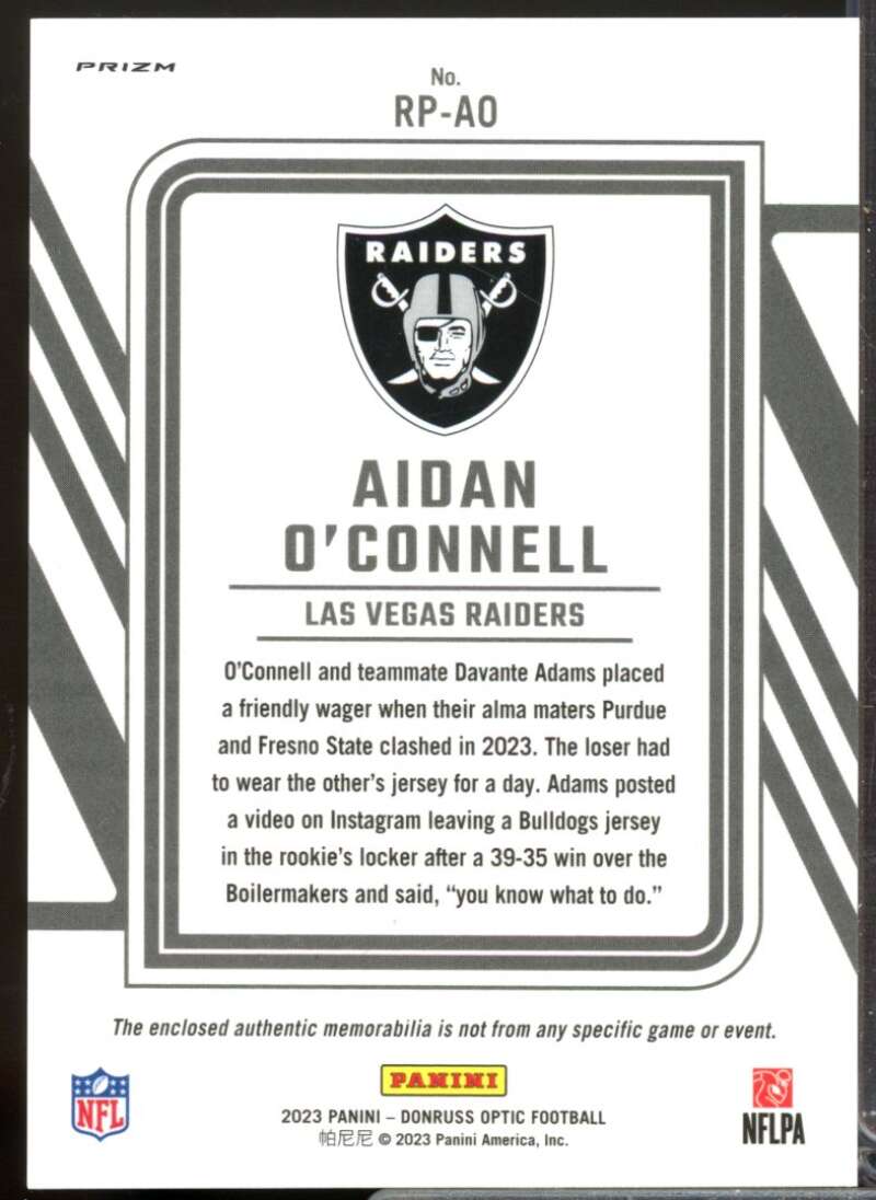 Aidan O'Connell Card 2023 Donruss Optic Rookie Phenoms Jerseys Blue Hyper #1  Image 2