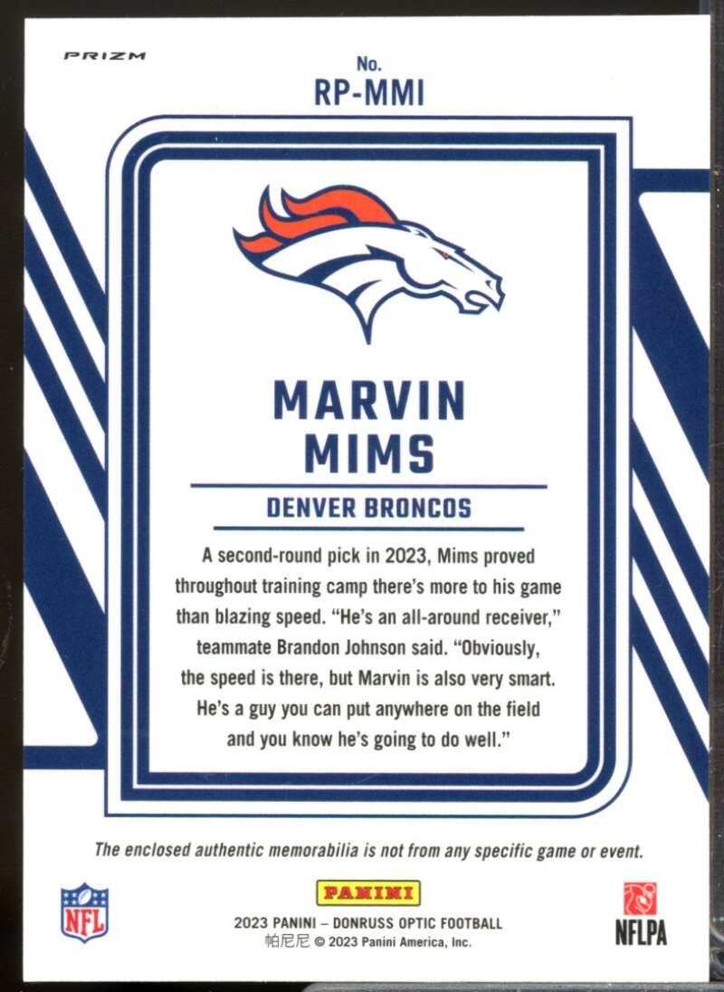 Marvin Mims Card 2023 Donruss Optic Rookie Phenoms Jerseys Blue Hyper #26  Image 2