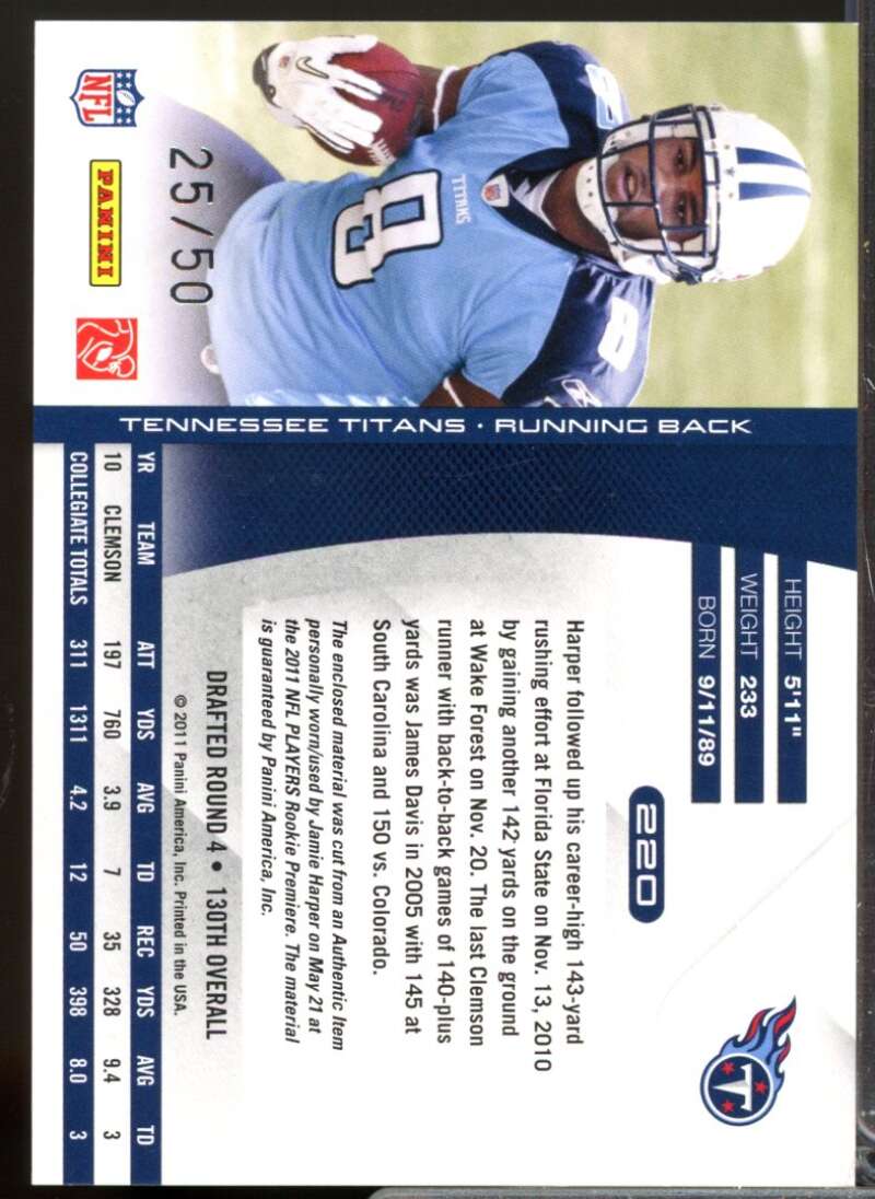 Jamie Harper 2011 Absolute Rookie Premiere Materials Oversize JSY Number #220  Image 2