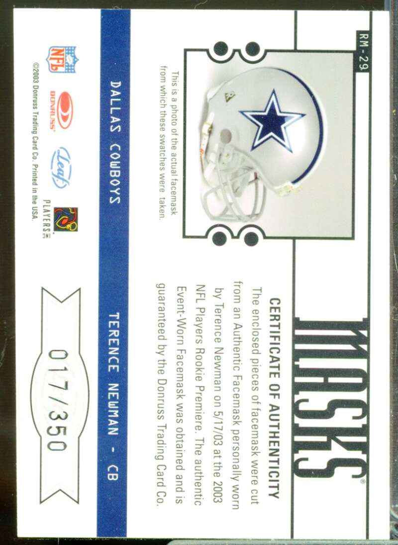 Terence Newman Card 2003 Leaf Rookies and Stars Masks #RM29  Image 2
