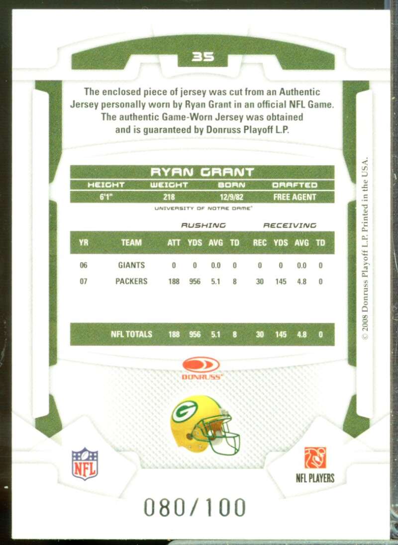 Ryan Grant 2008 Leaf Rookies and Stars Longevity Jersey Materials Sapphire #35  Image 2