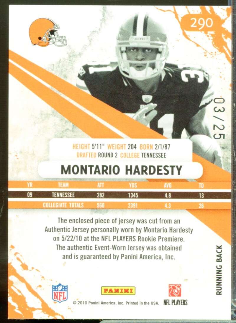 Montario Hardesty 2010 Rookies and Stars Rookie Jersey Jumbo Swatch Gold #290  Image 2