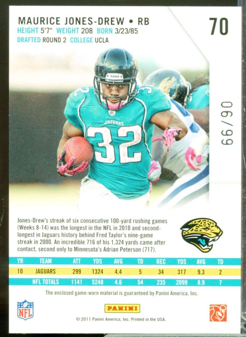 Maurice Jones-Drew /99 2011 Rookies and Stars JSY Emerald Prime Longevity #70  Image 2
