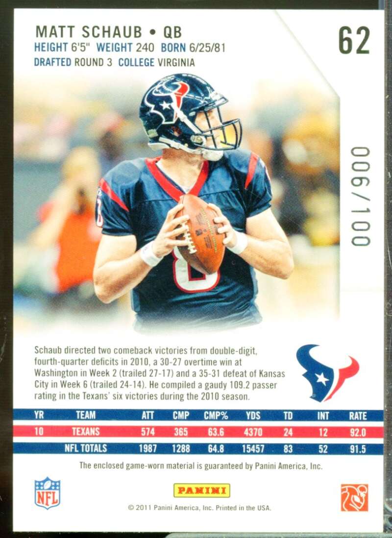 Matt Schaub /100 2011 Rookies and Stars Longevity Jersey Materials Sapphire #62  Image 2