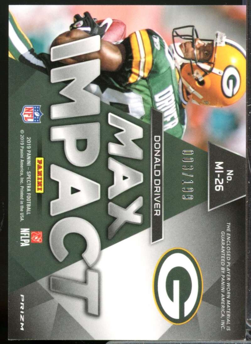 Donald Driver /199 Card 2019 Panini Spectra Max Impact Jersey Materials #26  Image 2
