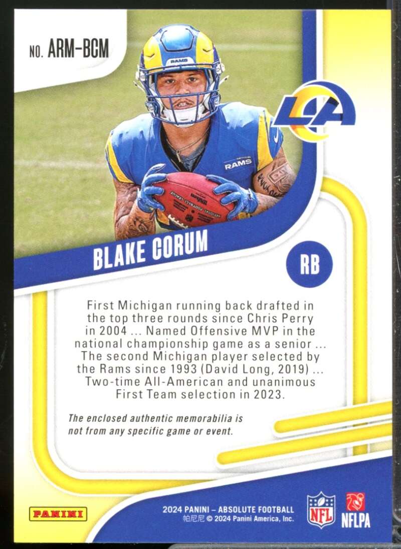 Blake Corum Card 2024 Absolute Absolute Rookie Jersey Materials #23  Image 2