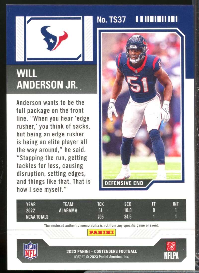 Will Anderson Jr. Card 2023 Panini Contenders Rookie Ticket Jersey Swatches #37  Image 2