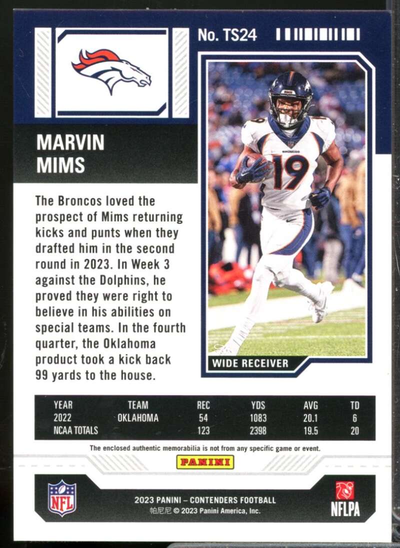 Marvin Mims Card 2023 Panini Contenders Rookie Ticket Jersey Swatches #24  Image 2