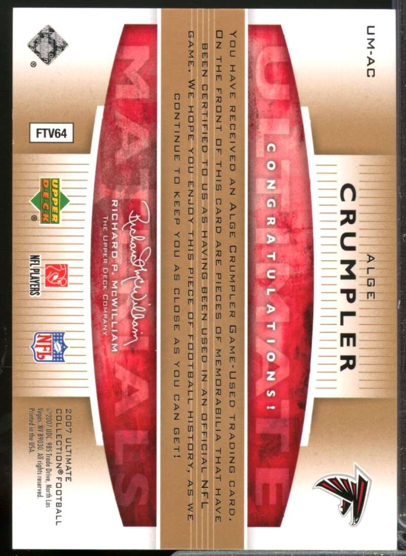Alge Crumpler /35 Card 2007 Ultimate Collection Materials Jersey Patches #UMAC  Image 2