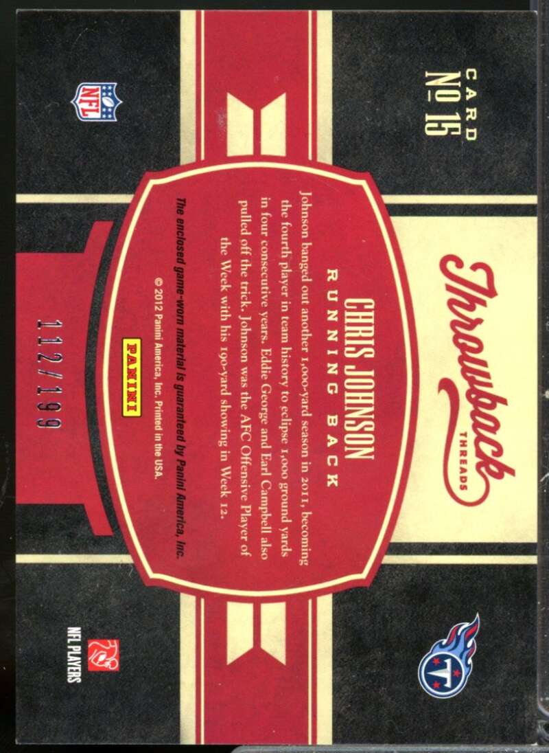 Chris Johnson /199 Card 2012 Elite Throwback Threads Jersey #15  Image 2