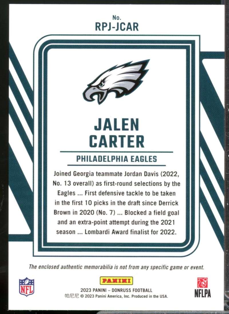 Jalen Carter Card 2023 Donruss Rookie Phenom Jerseys #25  Image 2
