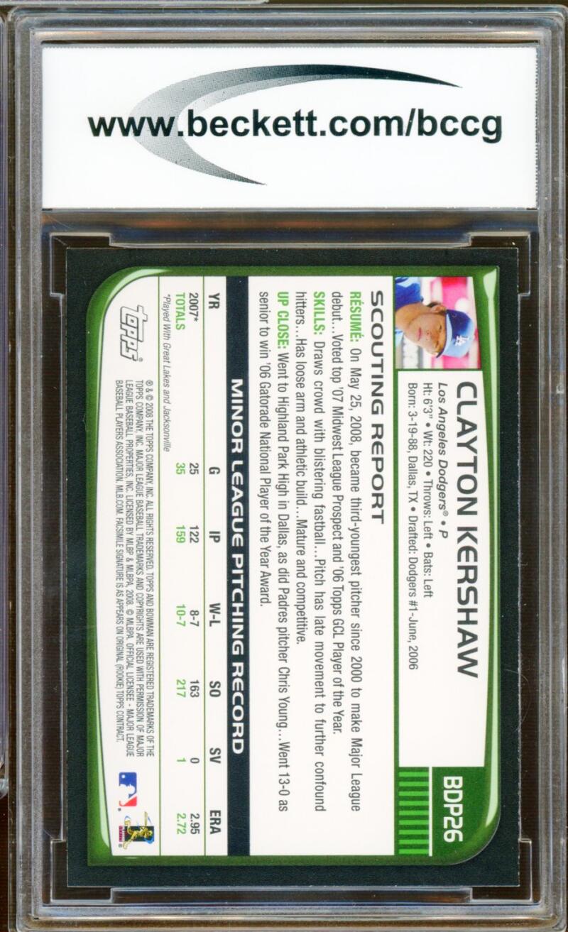 2008 Bowman Draft #BDP26 Clayton Kershaw Rookie Card BGS BCCG 10 Mint+ Image 2