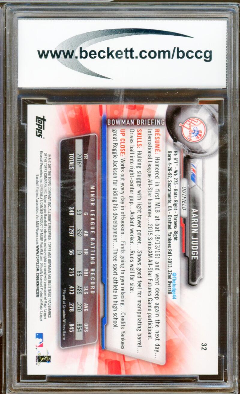 2017 Bowman #32 Aaron Judge Rookie Card BGS BCCG 10 Mint+ Image 2