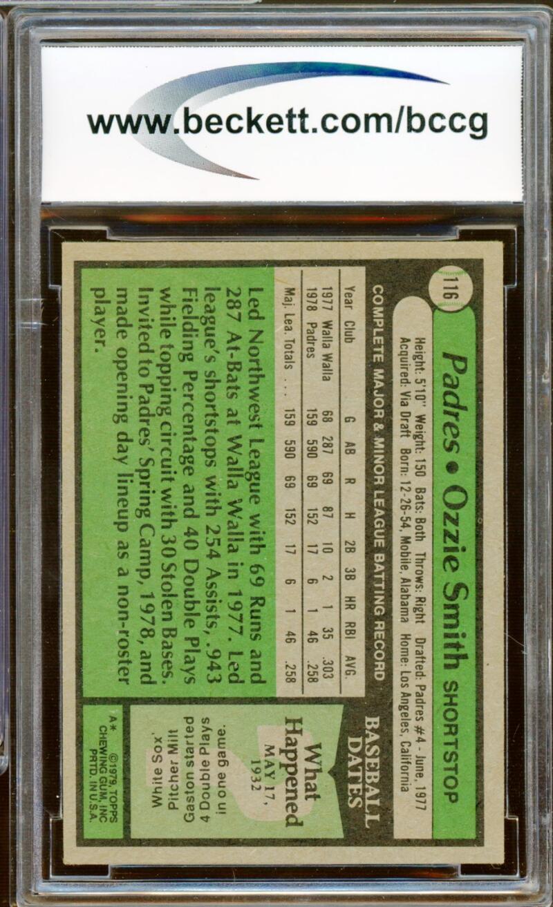 1979 Topps #116 Ozzie Smith Rookie Card BGS BCCG 7 Very Good+ Image 2