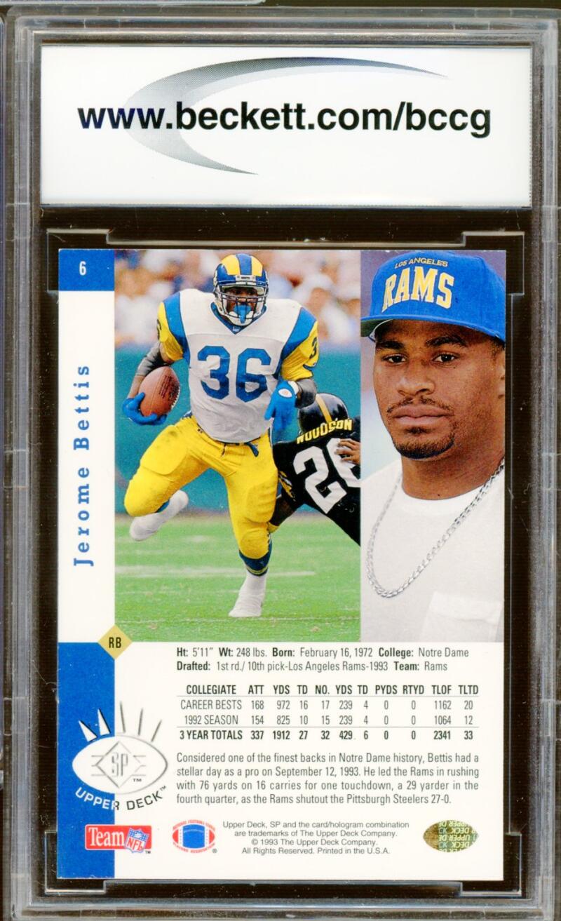 1993 SP #6 Jerome Bettis Rookie Card BGS BCCG 10 Mint+ Image 2