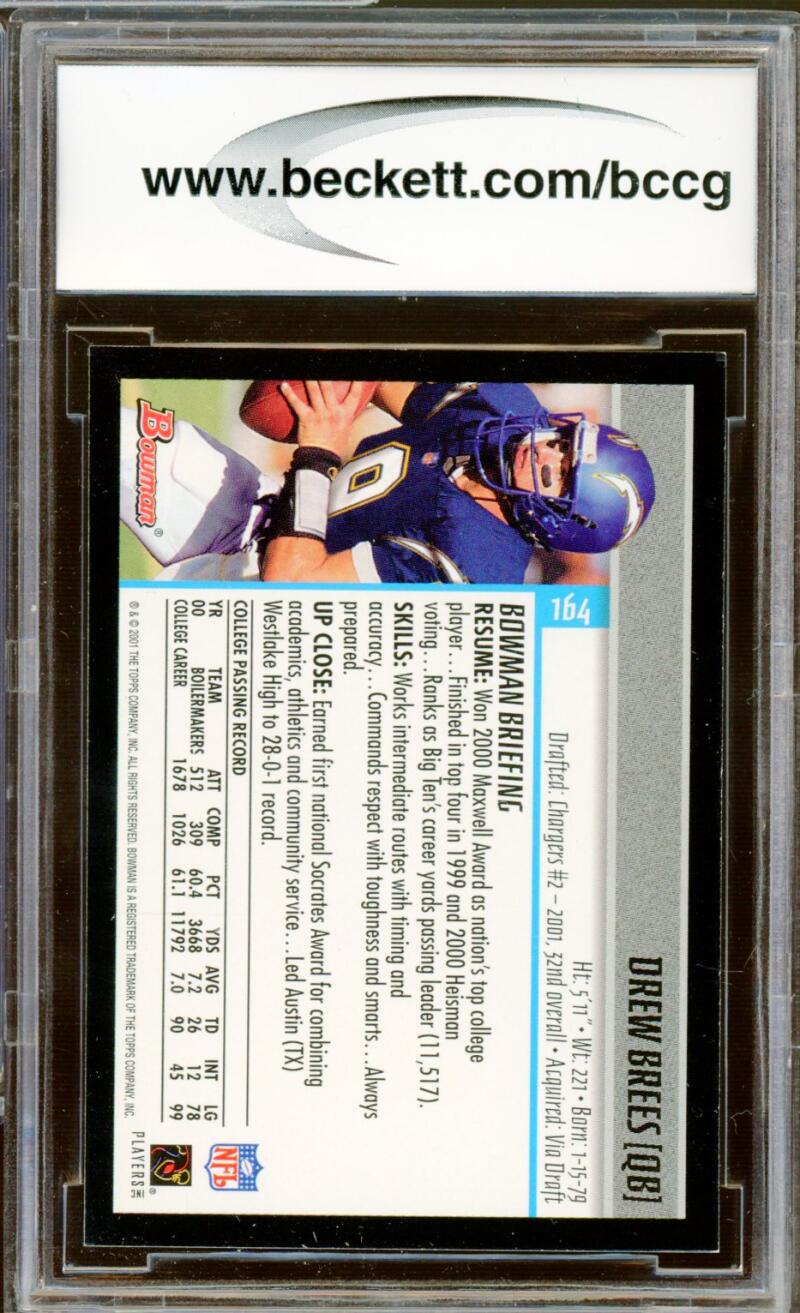 2001 Bowman #164 Drew Brees Rookie Card BGS BCCG 10 Mint+ Image 2