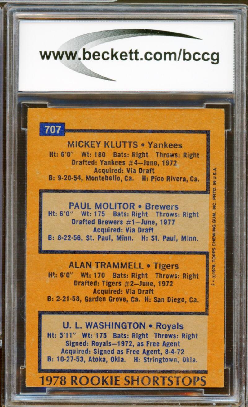 1978 Topps #707 Alan Trammell / Paul Molitor Rookie Card BGS BCCG 8 Excellent+ Image 2