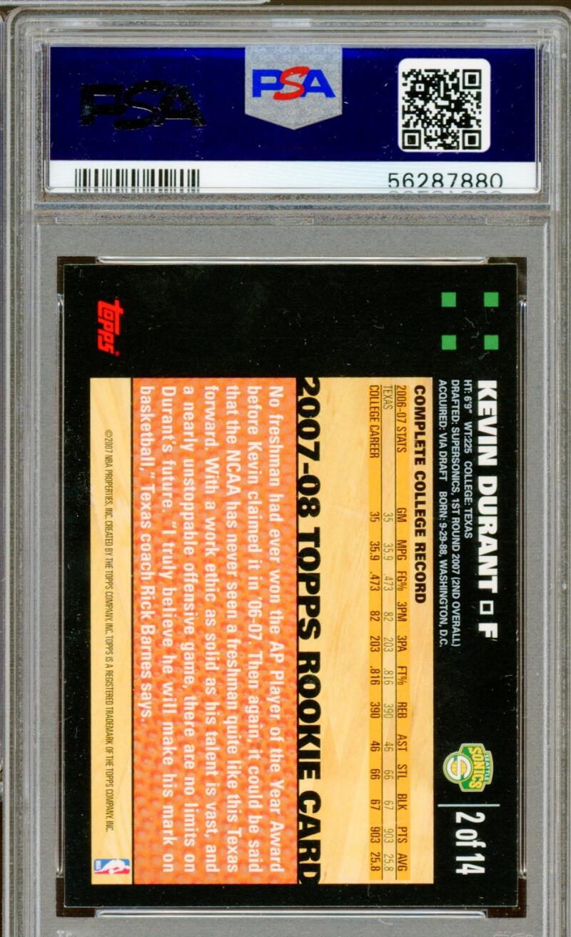 Kevin Durant Rookie Card 2007-08 Topps Rookie #2 PSA 9 Image 2