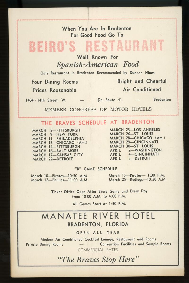 1959 Milwaukee Braves vs L.A  Dodgers Spring Training Baseball Score Card Lot Image 4