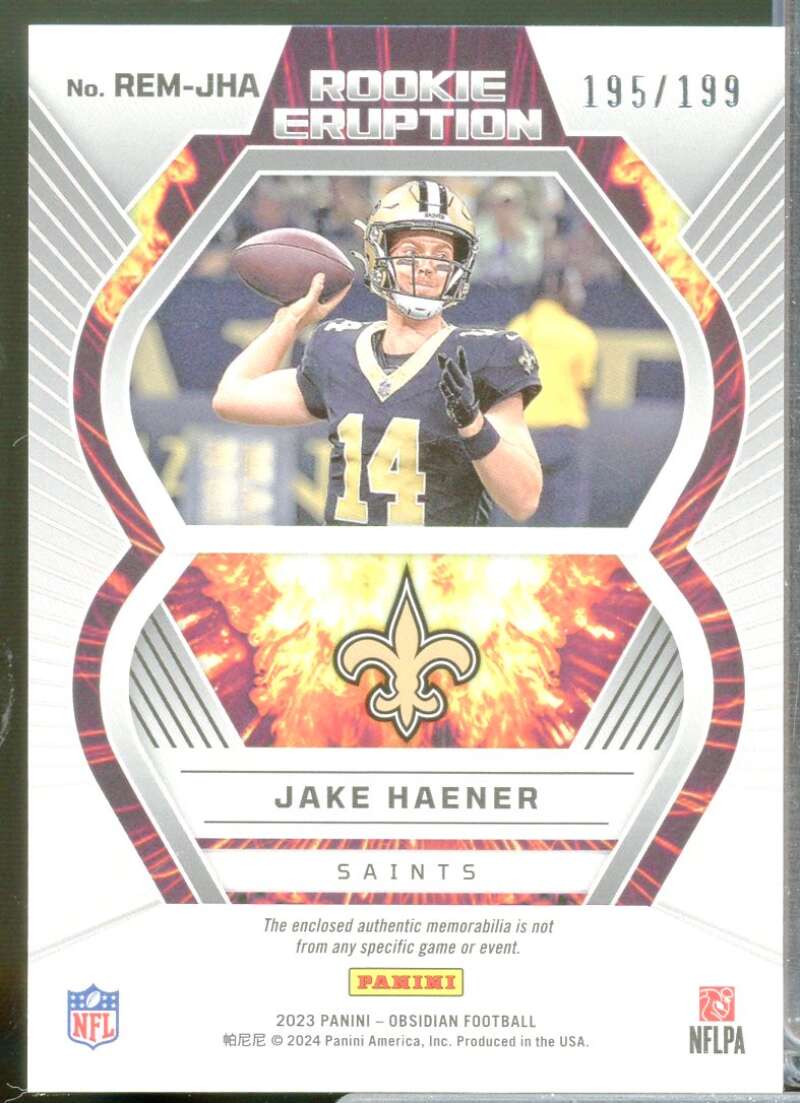 Jake Haener Card 2023 Panini Obsidian Rookie Eruption Jersey Materials #7  Image 2