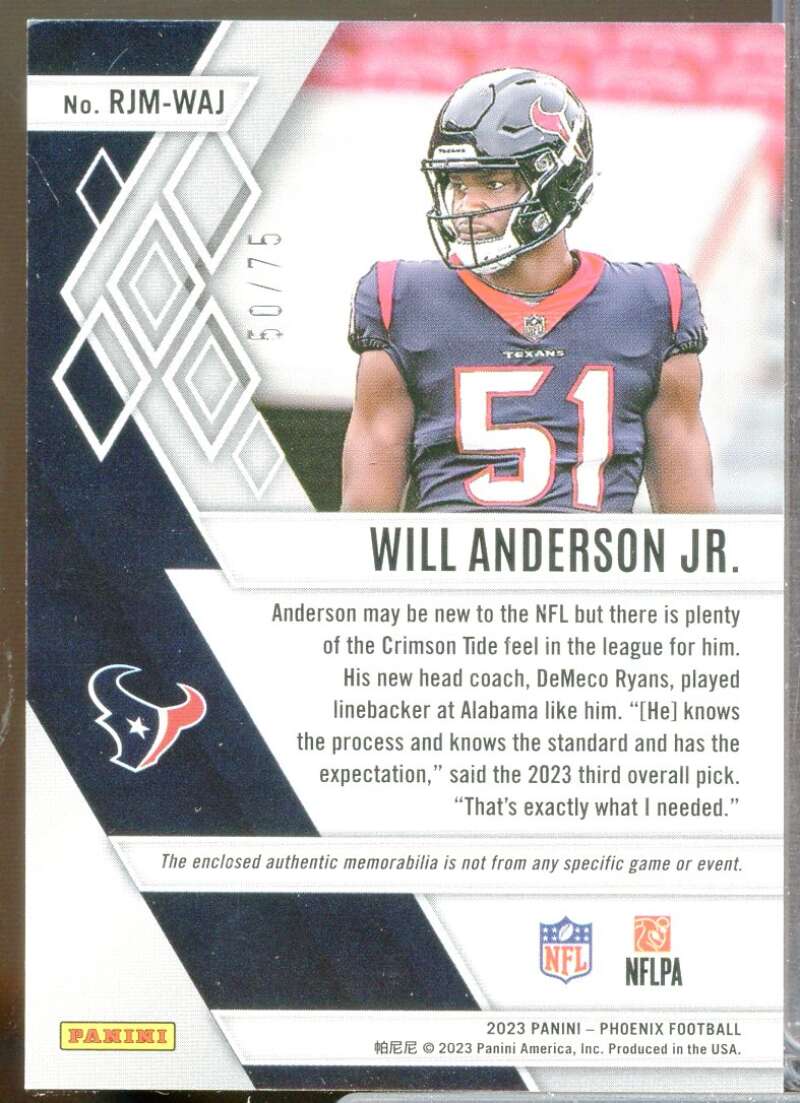 Will Anderson Jr. 2023 Panini Phoenix Rookie Jumbo Jersey Memorabilia Purple #1  Image 2