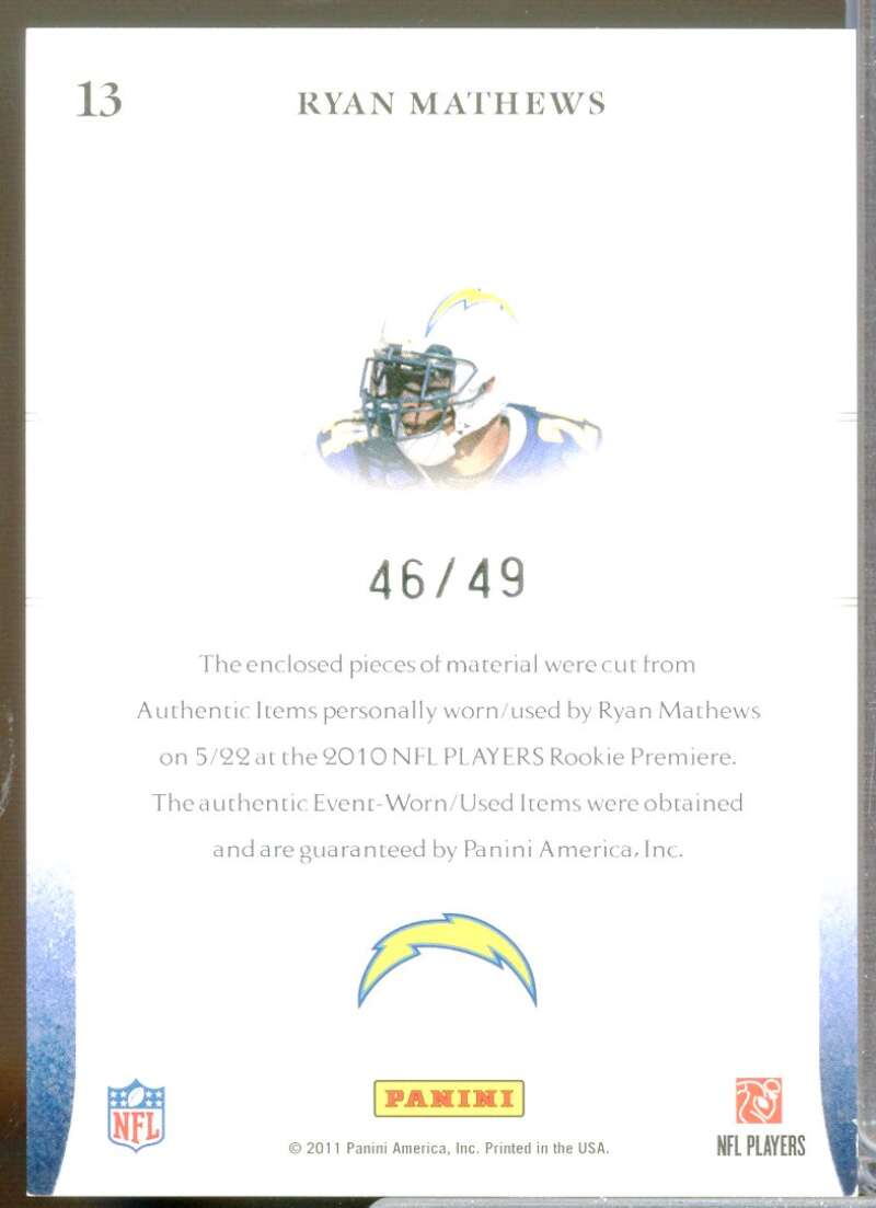 Ryan Mathews 2010 National Treasures NFL Gear Rookie Jersey Patch Prime #13  Image 2