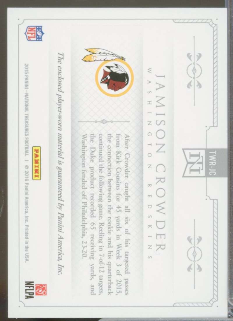 Jamison Crowder Card 2015 National Treasures Receivers Rookie Jersey Prime #JC  Image 2