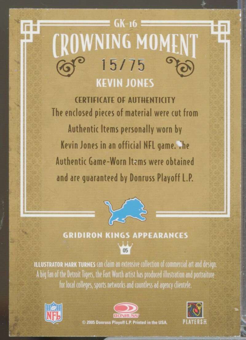 Kevin Jones /75 2005 Throwback Threads Gridiron Kings Dual Jersey Material #16  Image 2