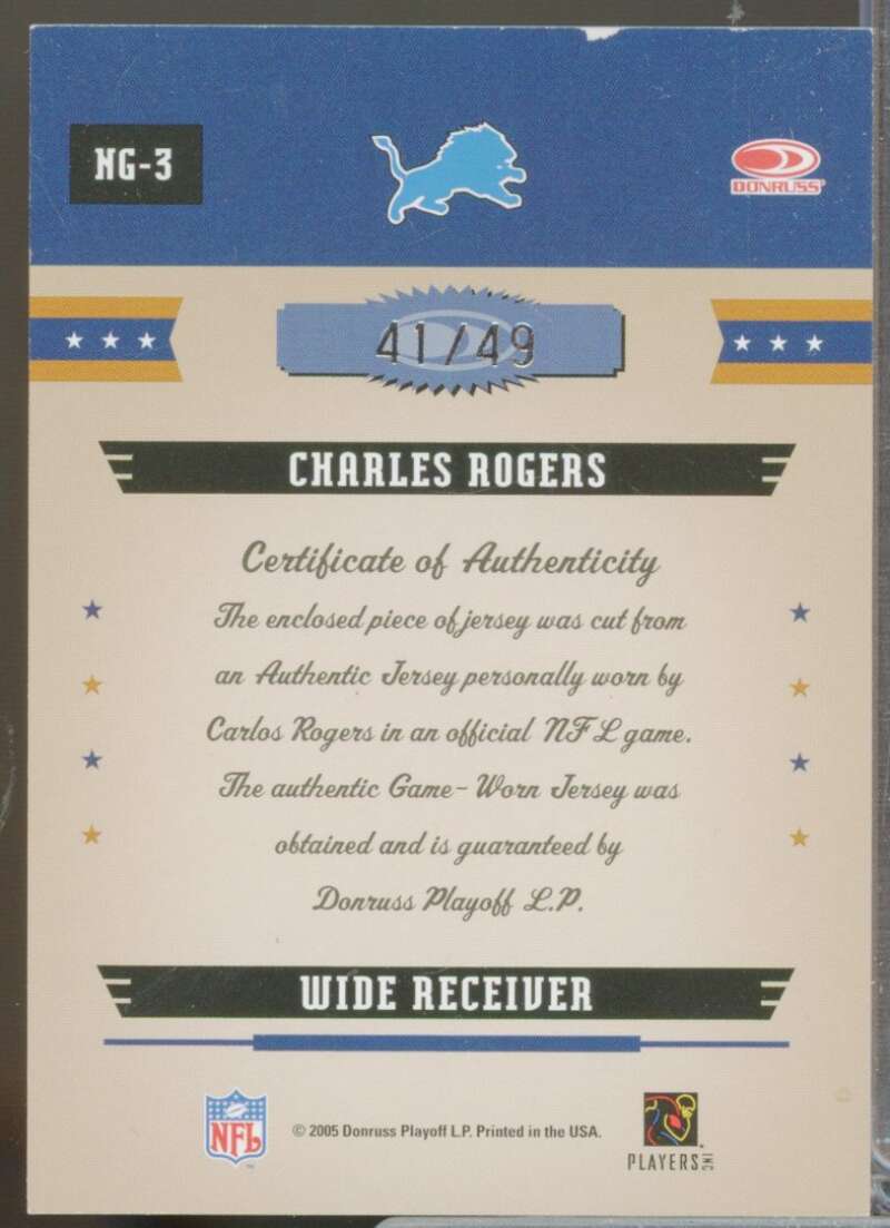 Charles Rogers 2005 Donruss Gridiron Gear Next Generation Jersey Jumbo Prime #3  Image 2