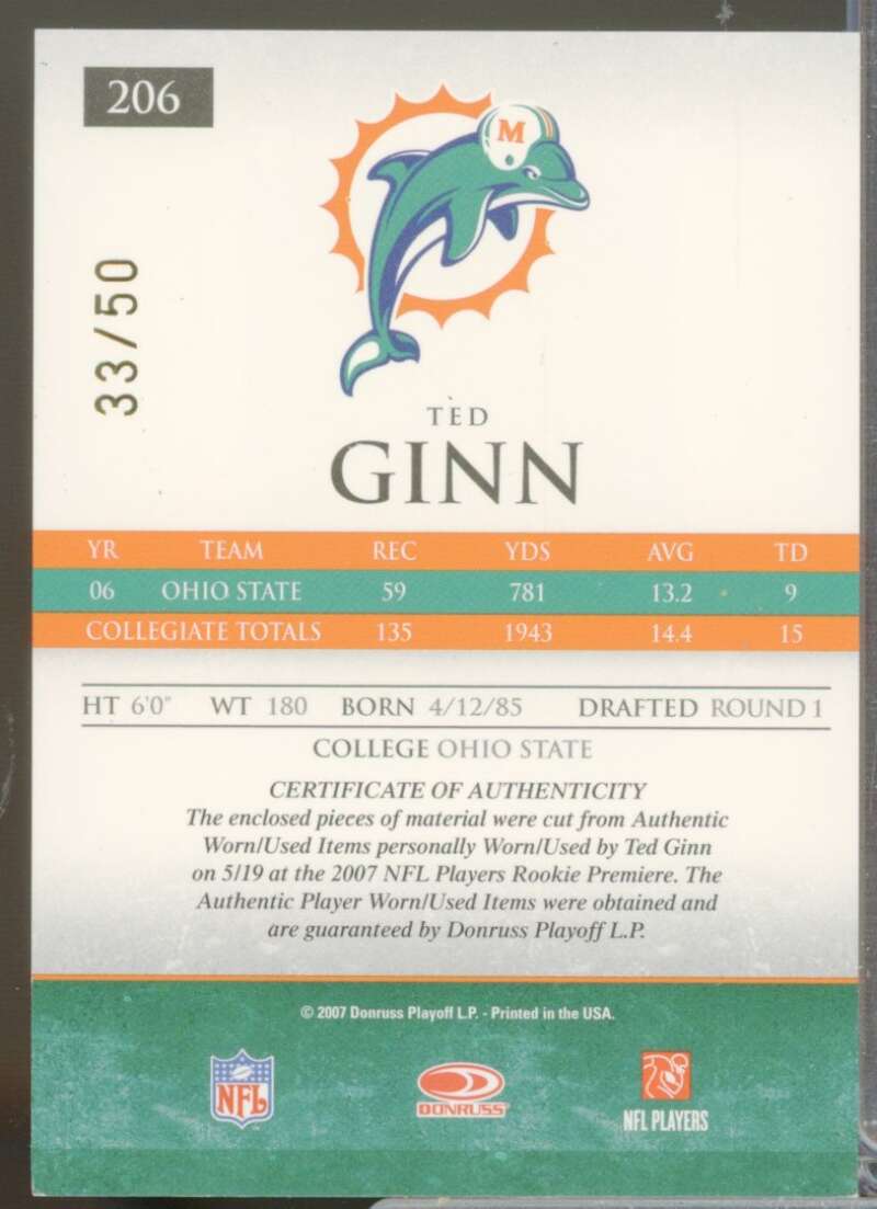 Ted Ginn Jr. 2007 Donruss Gridiron Gear Rookie Gems Jersey Jumbo Swatch #206  Image 2