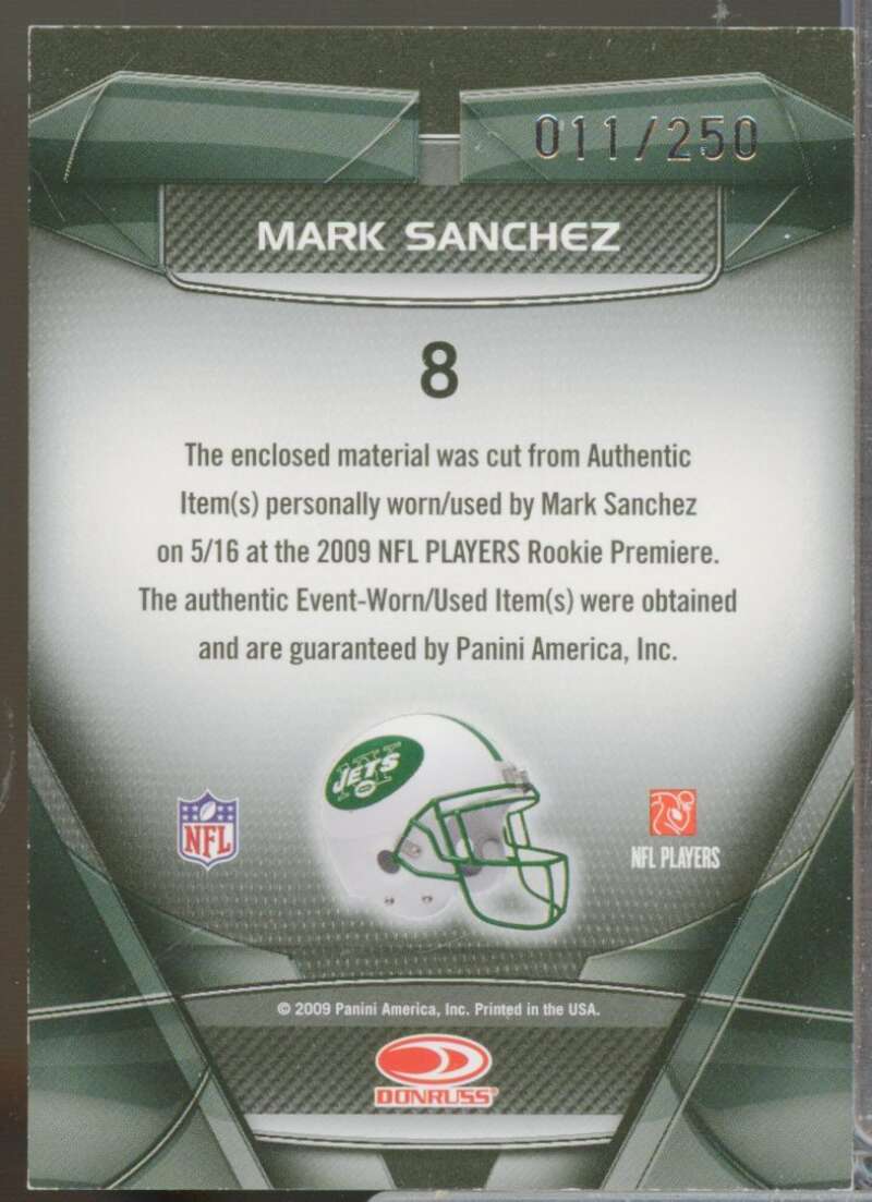 Mark Sanchez Card 2009 Donruss Gridiron Gear Performers Rookie Jerseys #8  Image 2