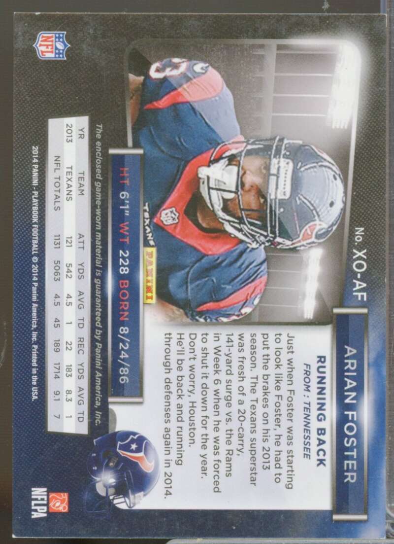 Arian Foster /99 Card 2014 Panini Playbook X's and O's Jersey Materials #18  Image 2