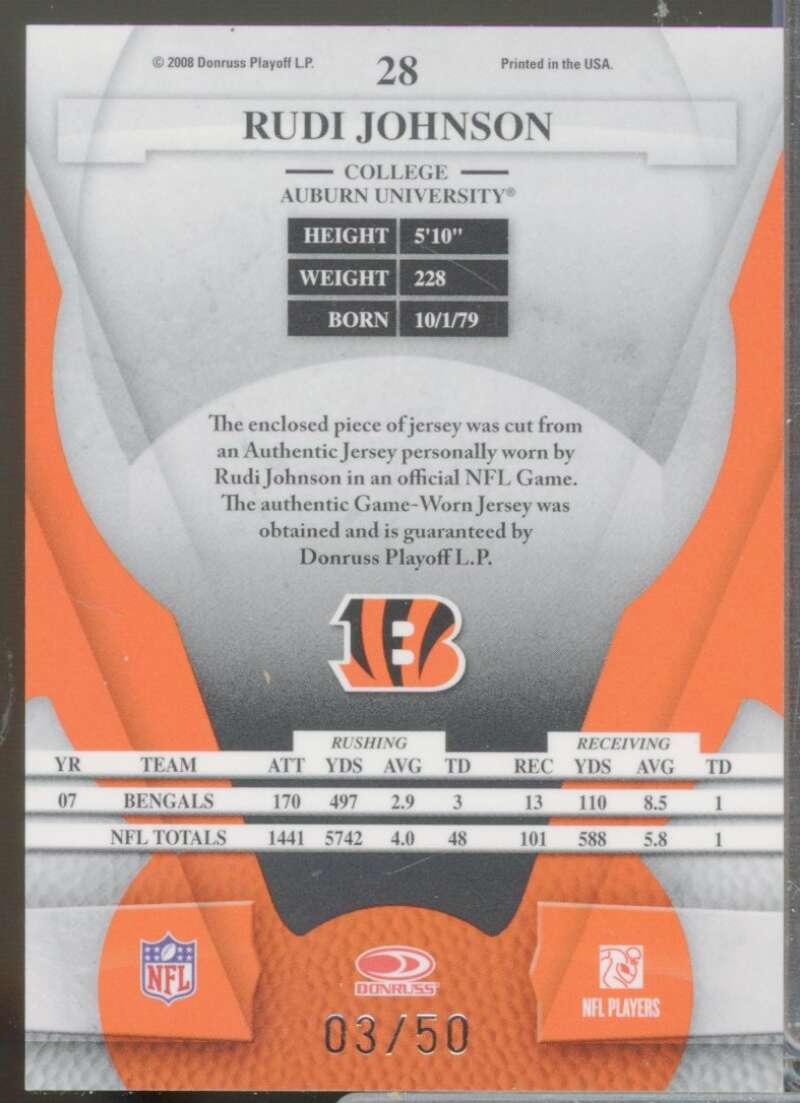 Rudi Johnson /50 Card 2008 Leaf Certified Materials Jersey Mirror Blue #28  Image 2