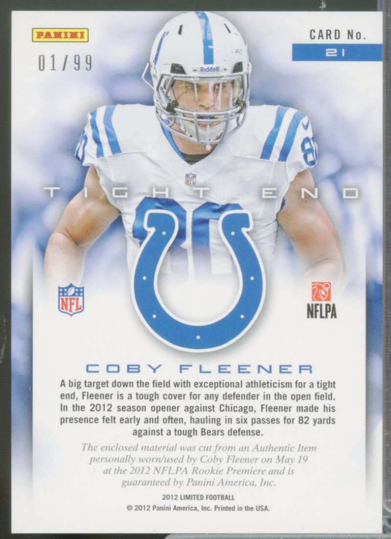 Coby Fleener /99 Card 2012 Limited Rookie Jumbo Jerseys Jersey Number #21  Image 2