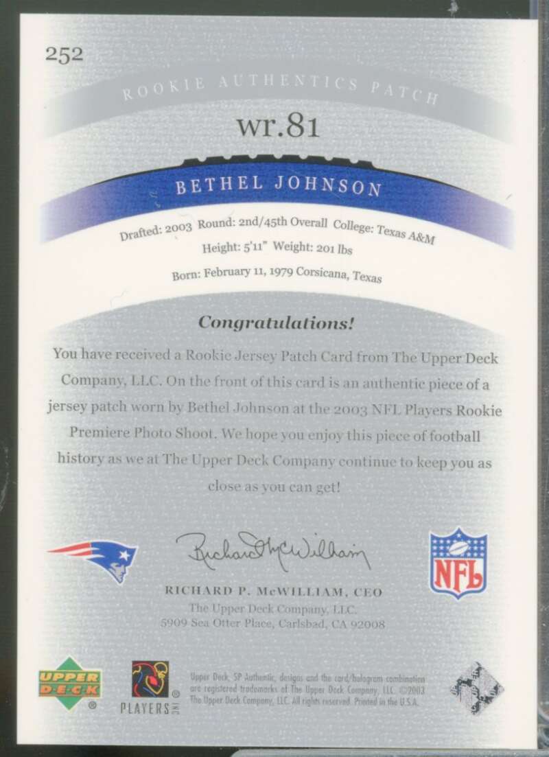 Bethel Johnson Rookie Card 2003 SP Authentic Jersey #252  Image 2