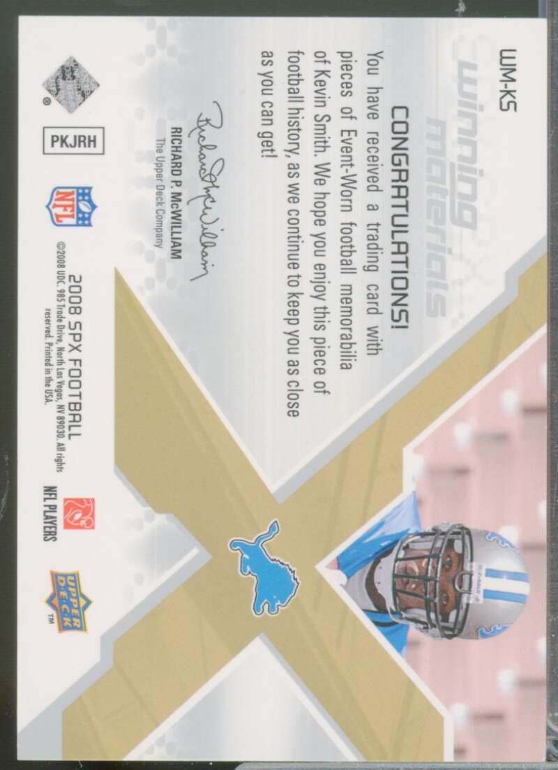 Kevin Smith Card 2008 SPx Winning Materials NFL Jersey Patch /25 #WMKS  Image 2