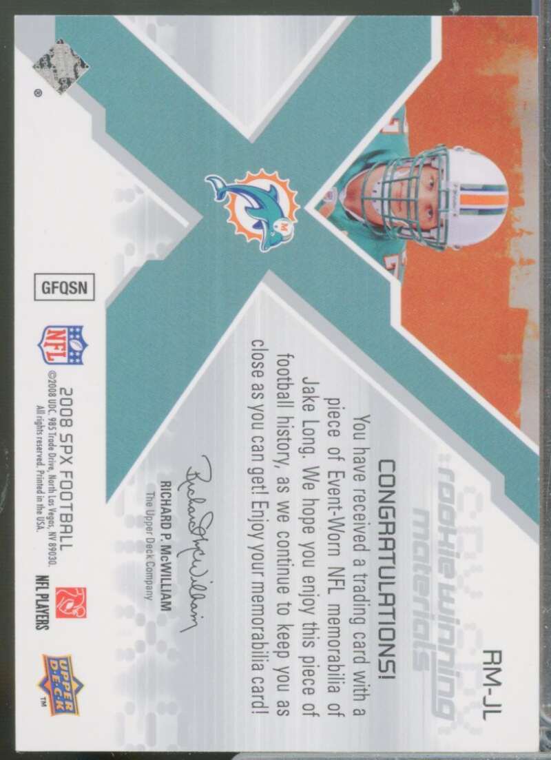 Jake Long Rookie Card 2008 SPx Winning Materials Unique Shape Jersey /25 #WMJL  Image 2