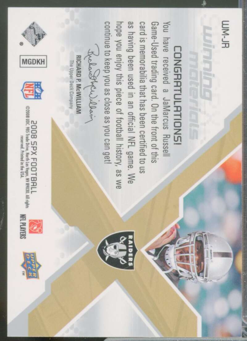 JaMarcus Russell Card 2008 SPx Winning Materials NFL Jersey Patch /25 #WMJR  Image 2