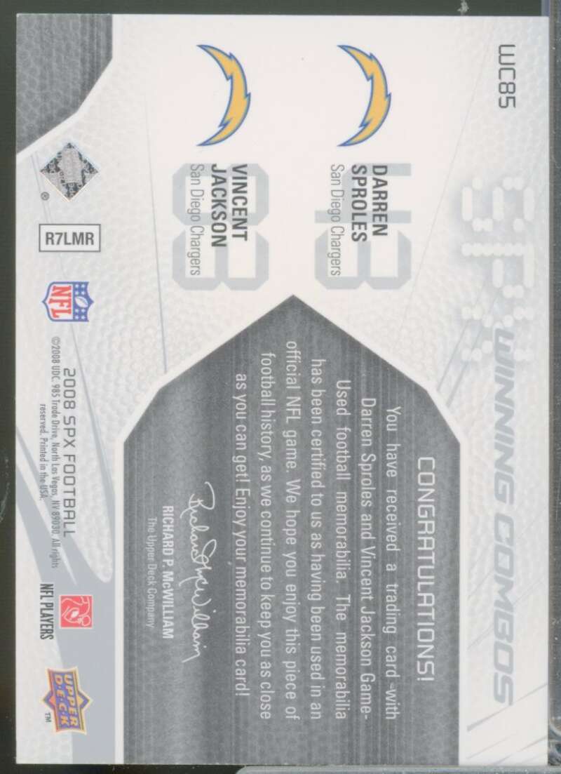 Vincent Jackson Darren Sproles Card 2008 SPx Winning Combos Jersey /99 #WC85  Image 2