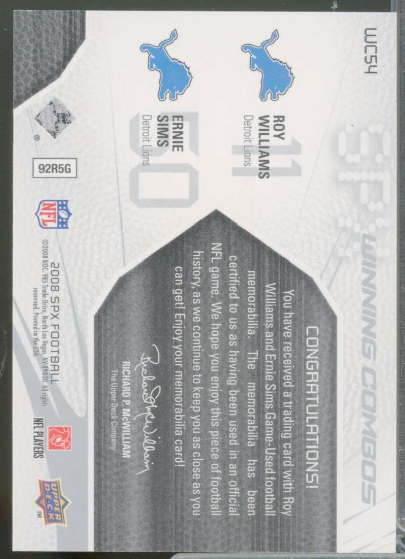 Roy Williams Ernie Sims Card 2008 SPx Winning Combos Jersey /99 #WC54  Image 2