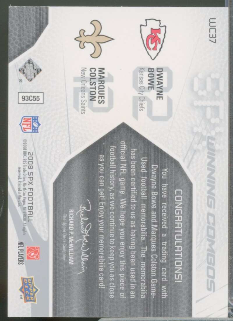 Marques Colston Dwayne Bowe Card 2008 SPx Winning Combos Jersey /49 #WC37  Image 2