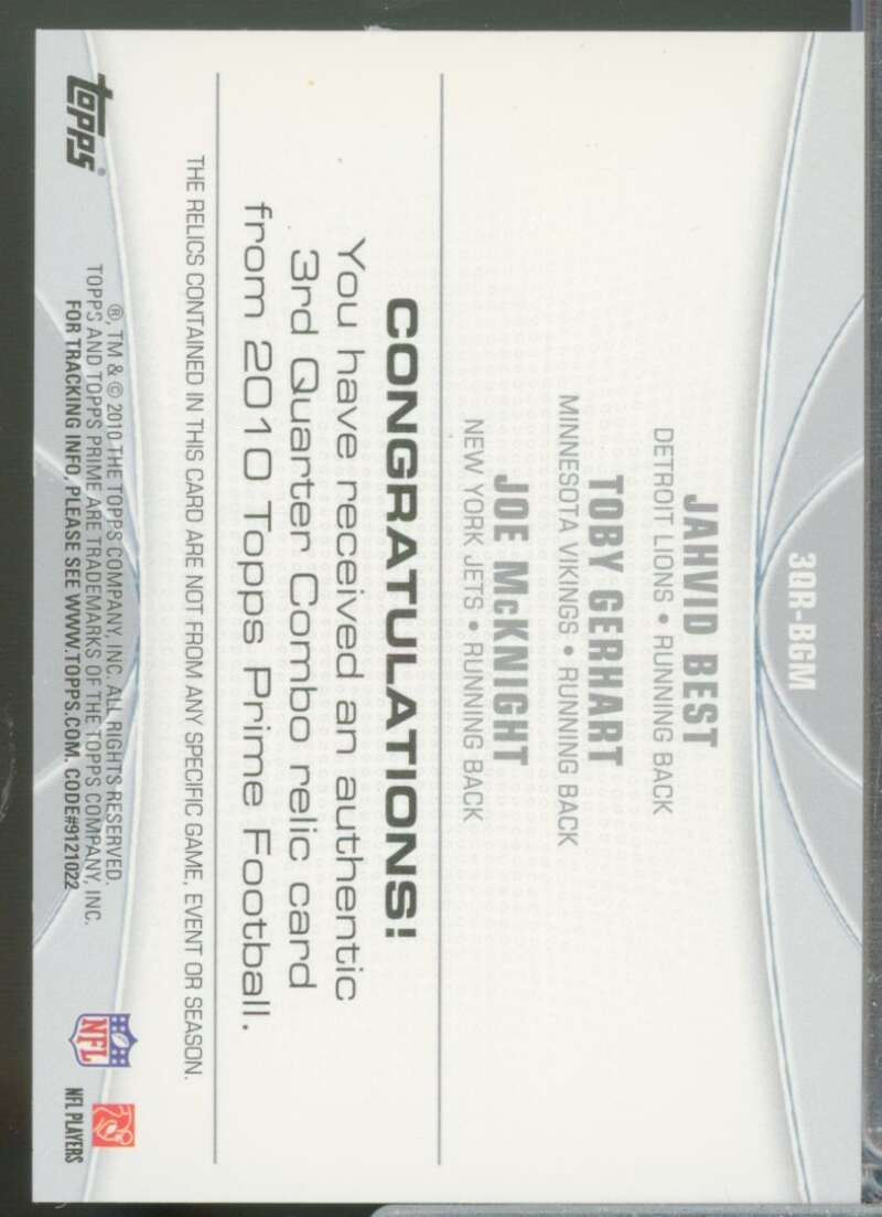 Jahvid Best Toby Gerhart McKnight 2010 Topps Prime 3rd Quarter Jersey Gold #BGM  Image 2