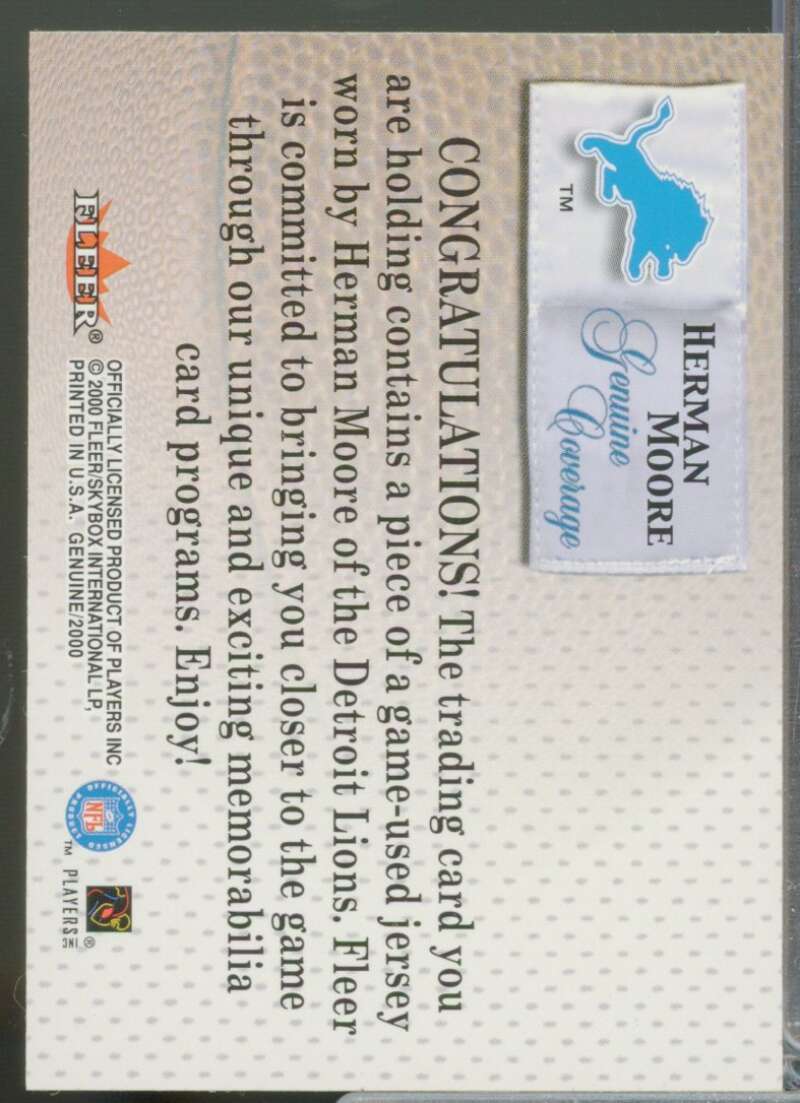 Herman Moore Card 2000 Fleer Tradition Genuine Coverage Jersey #26  Image 2