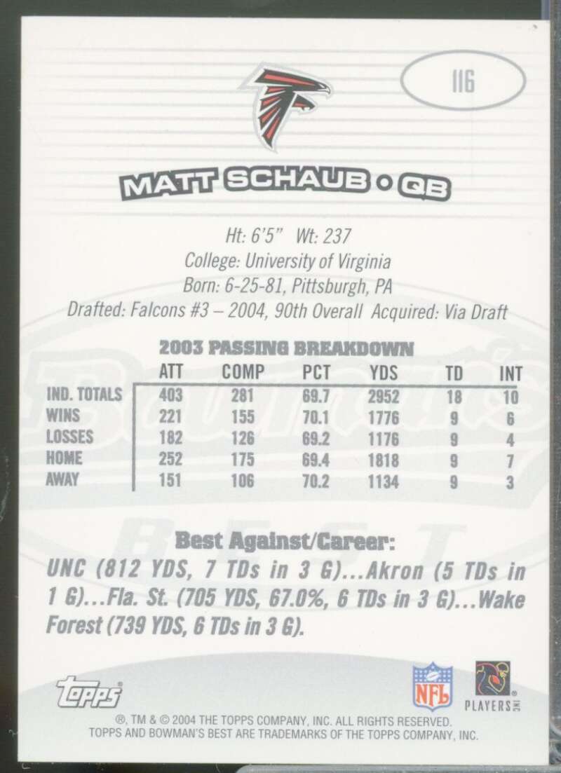Matt Schaub Rookie Card 2004 Bowman's Best Jersey #116  Image 2