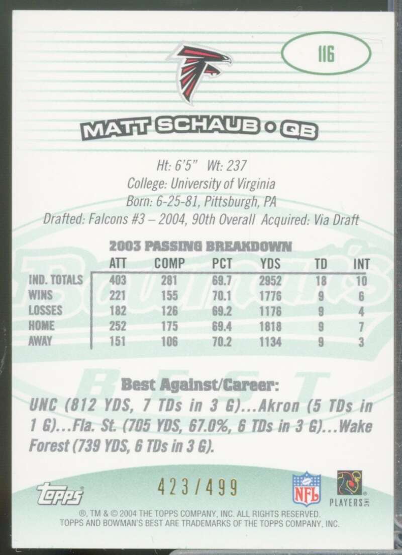 Matt Schaub Rookie Card 2004 Bowman's Best Jersey Green #116  Image 2