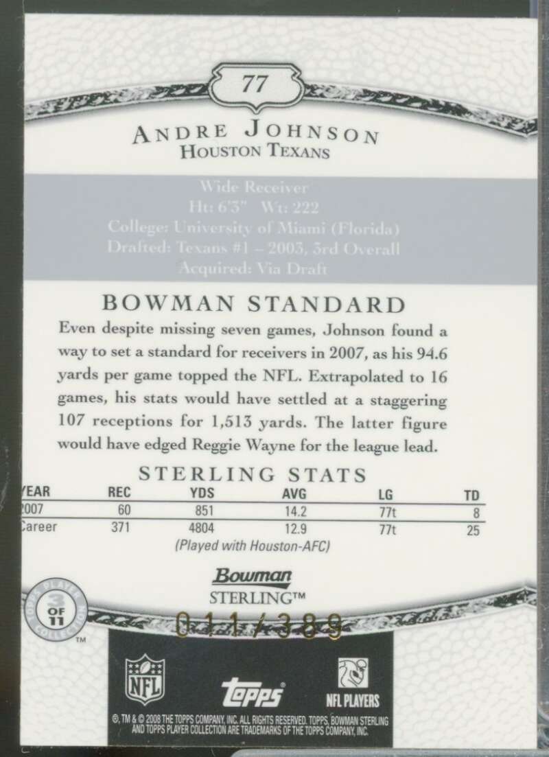 Andre Johnson Card 2008 Bowman Sterling Jersey #77  Image 2