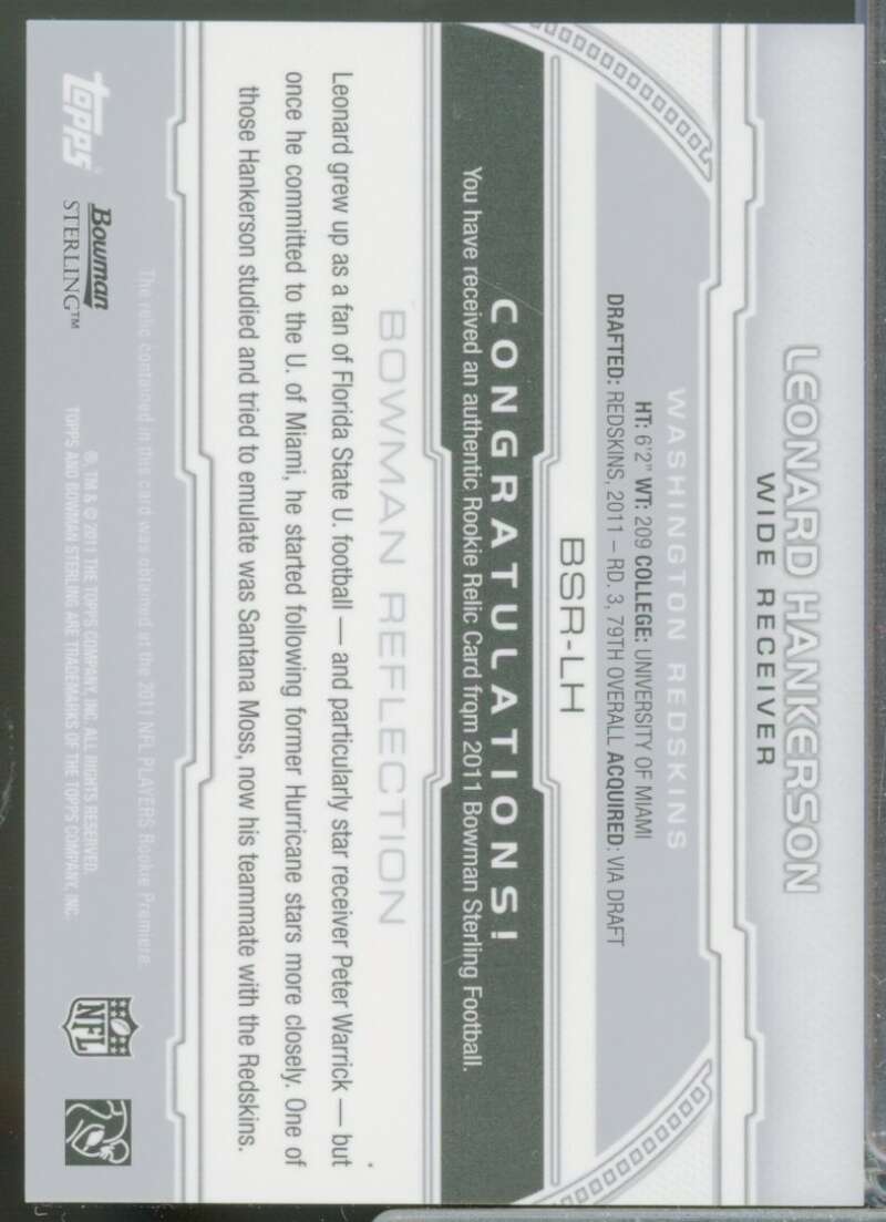 Leonard Hankerson /25 Card 2011 Bowman Sterling Jersey Gold Refractors #BSRLH  Image 2