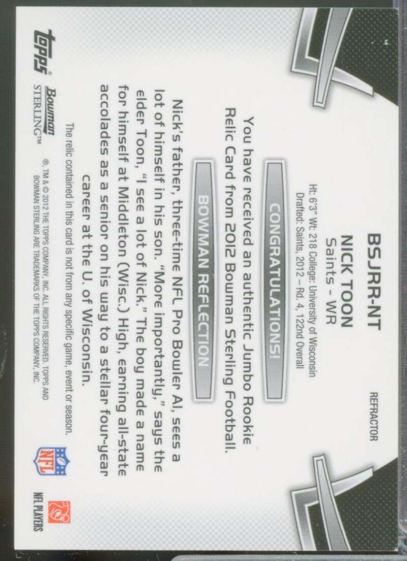 Nick Toon Rookie /75 Card 2012 Bowman Sterling Jersey Black Refractors #BSJRRNT  Image 2