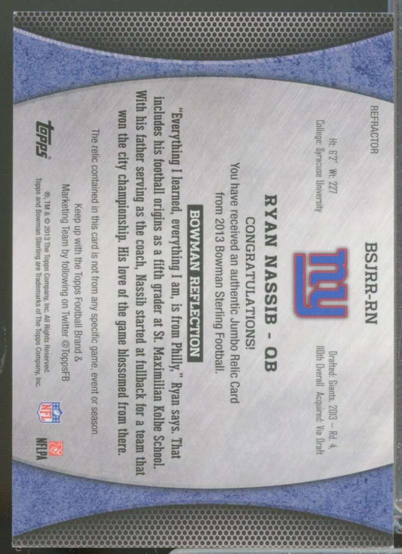 Ryan Nassib Rookie /75 2013 Bowman Sterling Jersey Black Refractors #BSJRRRN  Image 2